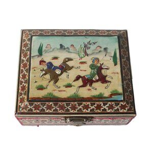 Vintage Persian Khatam Box Inlaid Wood Folk Ethnic Figurative Hunters